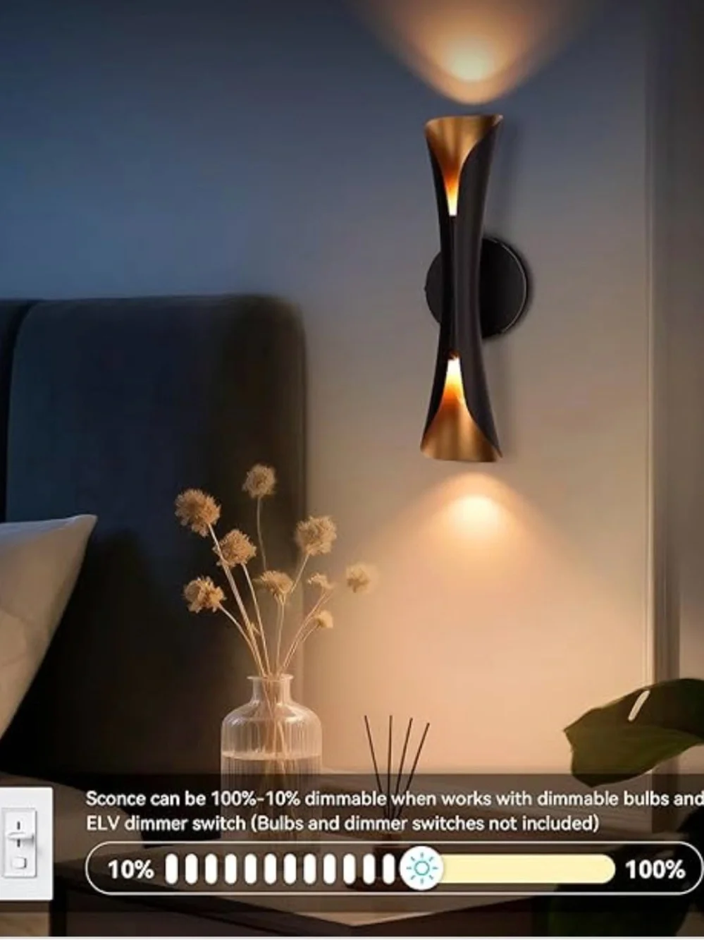 NIB PAIR Wall Sconces Dimmable Black Gold Sconce Lights Hardwired Modern Indoor